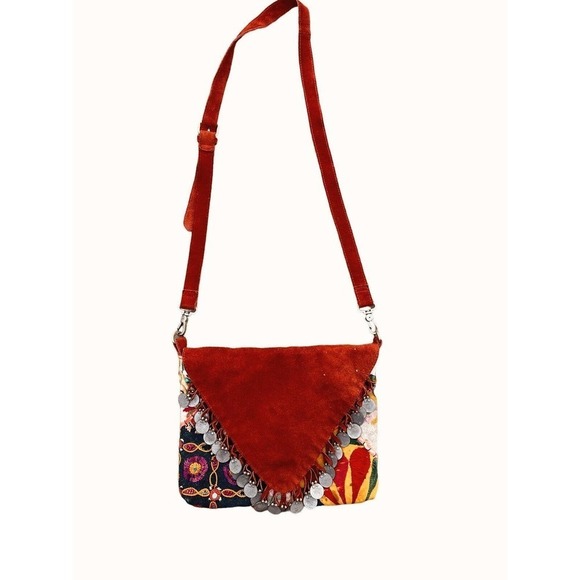 RAJ Red‎ Suede Crossbody Purse Kantha Mirrored Coins Anthropologie - Picture 2 of 10
